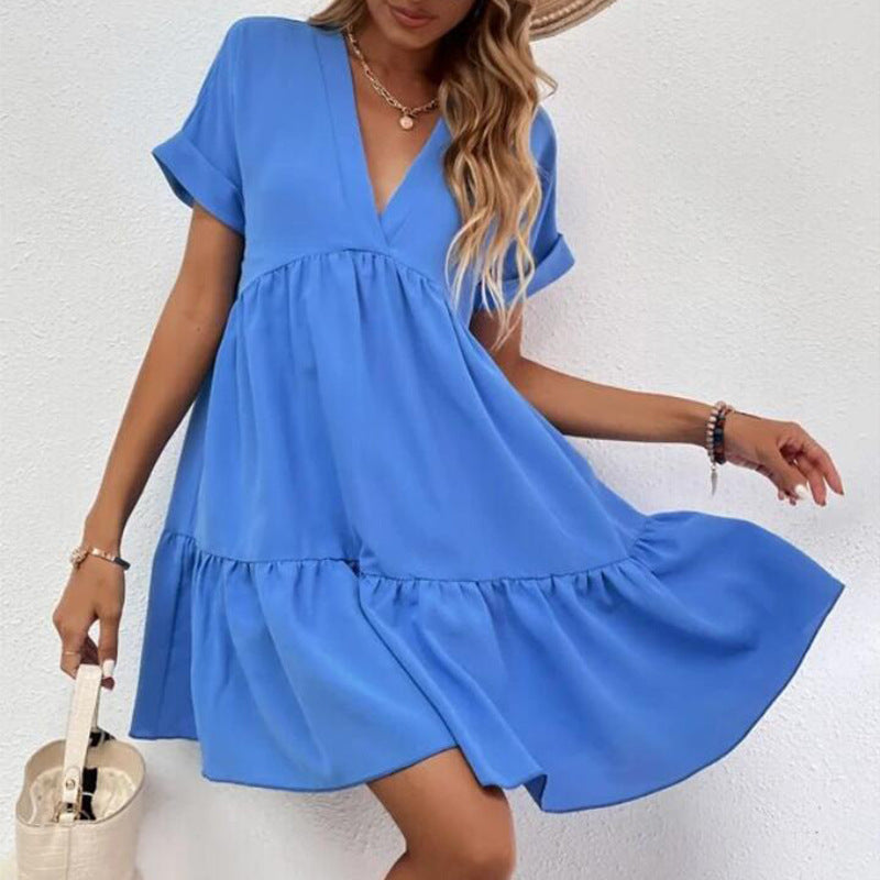 Sweet V-neck Solid Color Wide Hem Leisure Skirt Dress