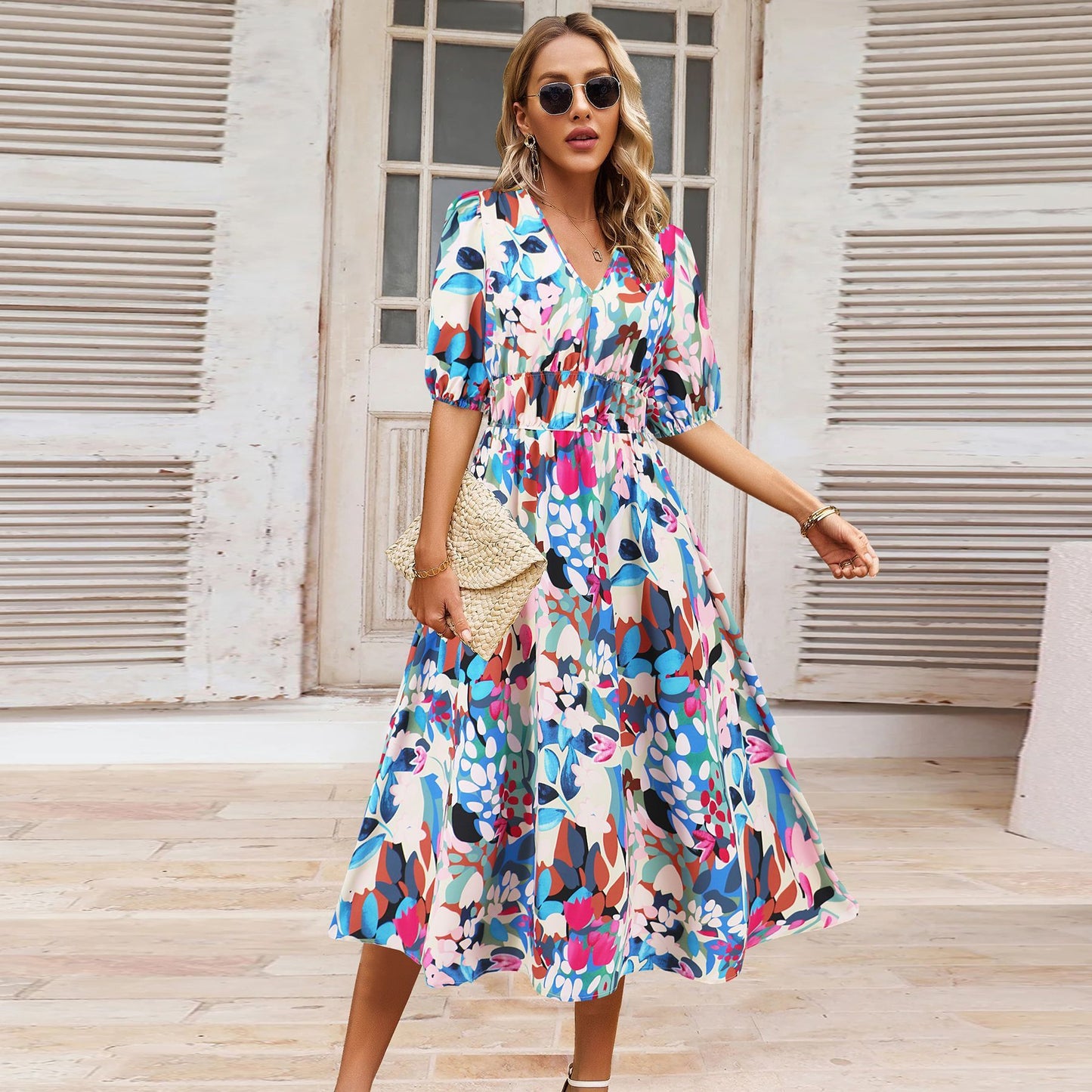 Summer Women's V-neck Bohemian Print Dress