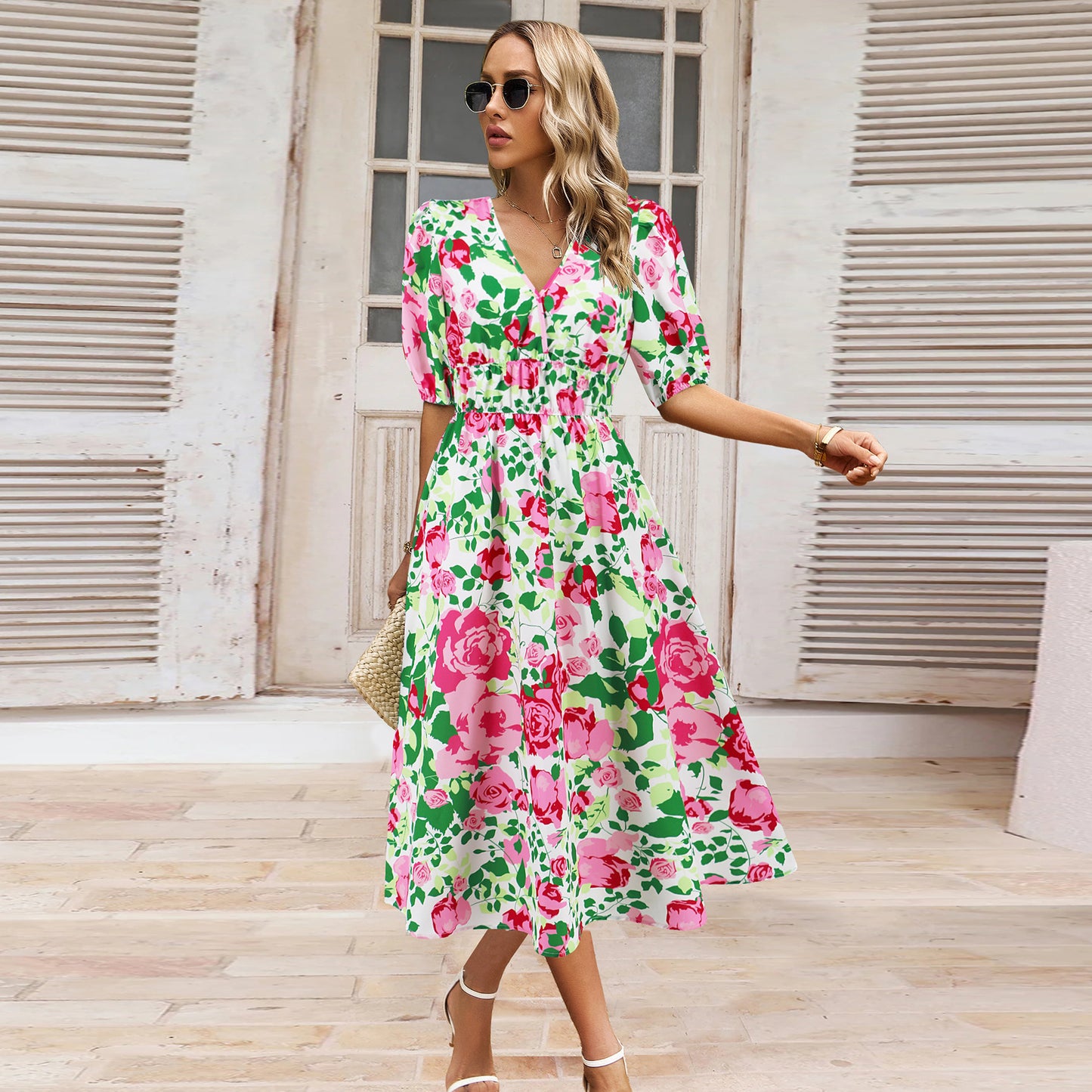 Summer Women's V-neck Bohemian Print Dress