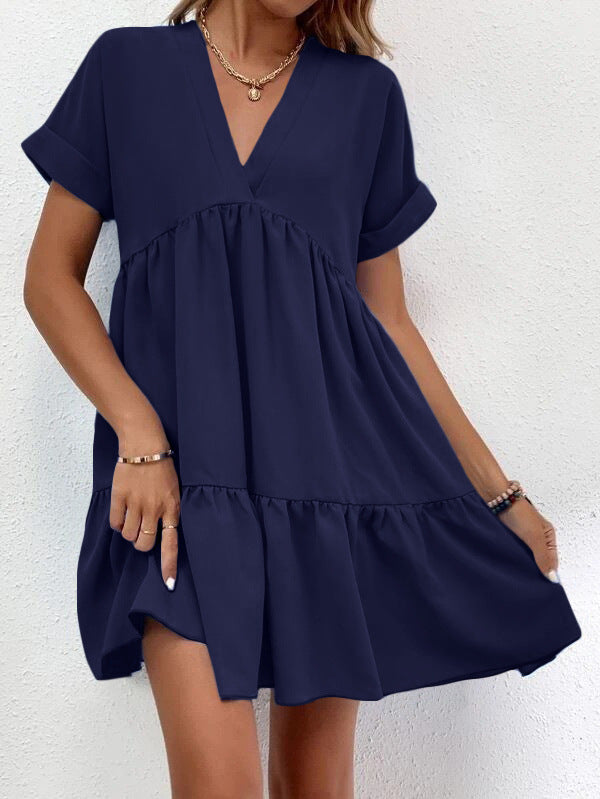 Sweet V-neck Solid Color Wide Hem Leisure Skirt Dress