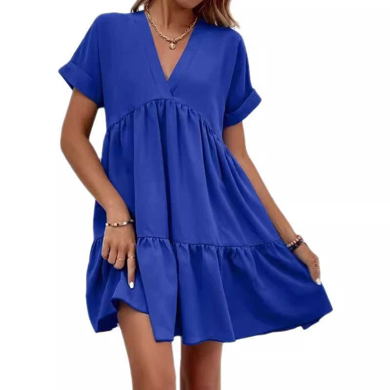 Sweet V-neck Solid Color Wide Hem Leisure Skirt Dress